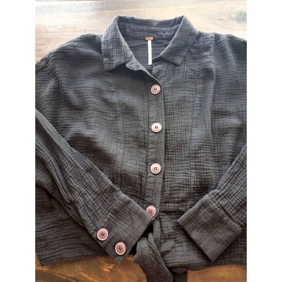 Free People Sunstreaks Tie Front Button-Down Top Womens S Black Gauze Cotton - Picture 4 of 6